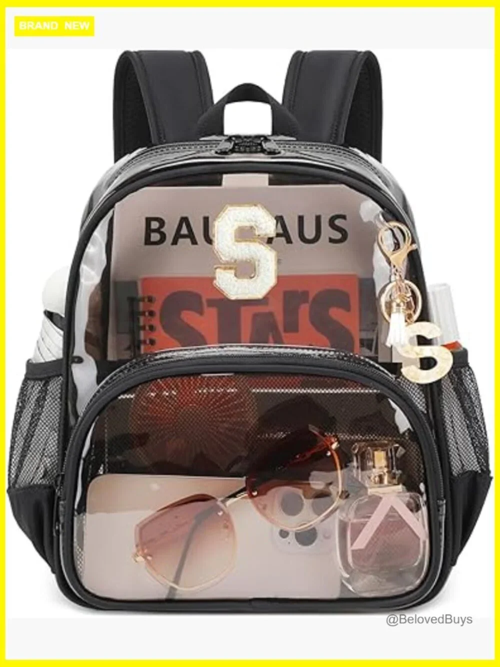 Clear Stadium Backpack 12x6x12 Mini Transparent Bookbag with Letter Patch Tassel